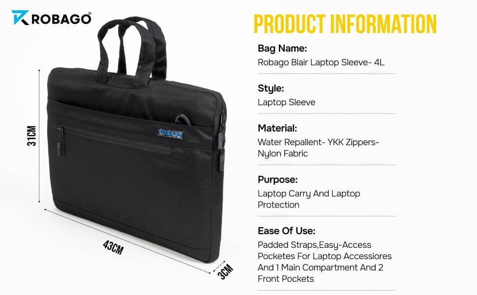 Robago Blair Black laptop sleeve-4L Material-Polyester