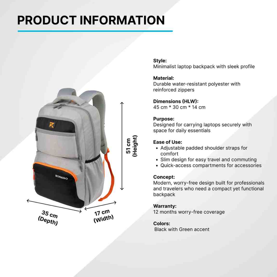 Robago Challenge-24L Grey Challenger laptop backpack Material-Polyester