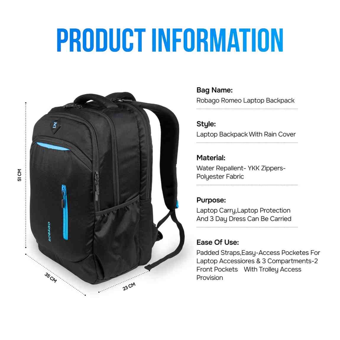 Robago Romeo-41L black Laptop backpack Material-Polyester